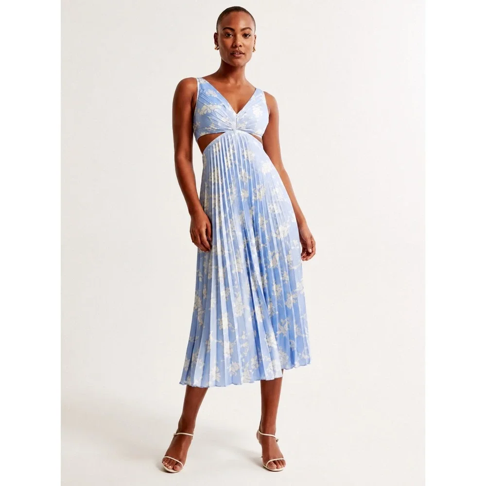 Abercrombie Giselle Pleated Cutout Maxi Dress XXL Tall Blue Floral Romantic NWT